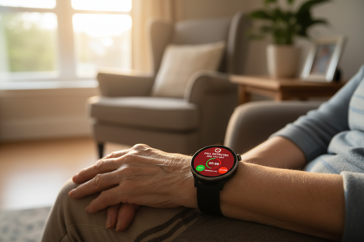 Elderly person wearing a smartwatch displaying a fall detection emergency SOS alert screen with a countdown timer, illustrating how to set up and test smartwatch fall detection with emergency contacts and location sharing