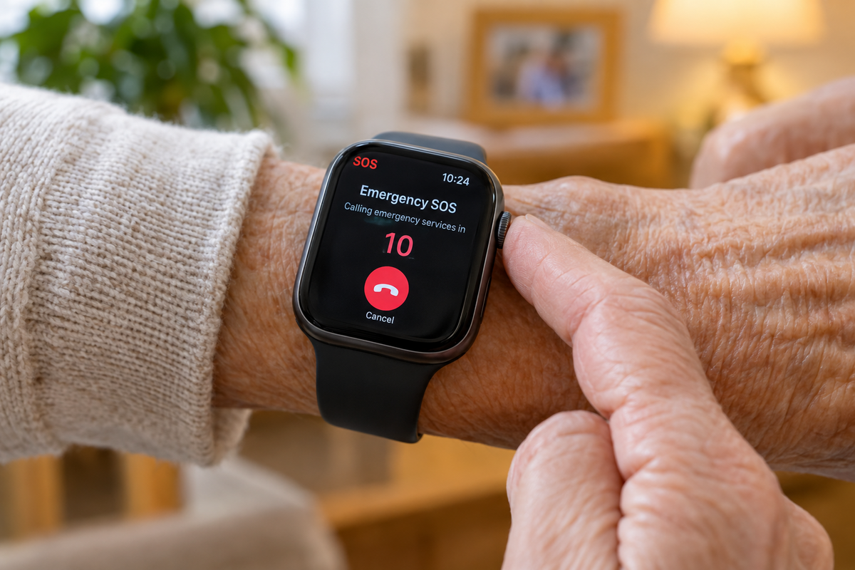 Elderly person pressing the side button on a smartwatch displaying an SOS emergency countdown alert screen, illustrating how to set up and safely test fall detection with emergency contacts and location sharing before you need it