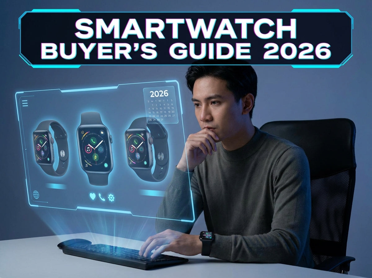 Man looking at a futuristic holographic display comparing smartwatches under the text Smartwatch Buyer's Guide 2026