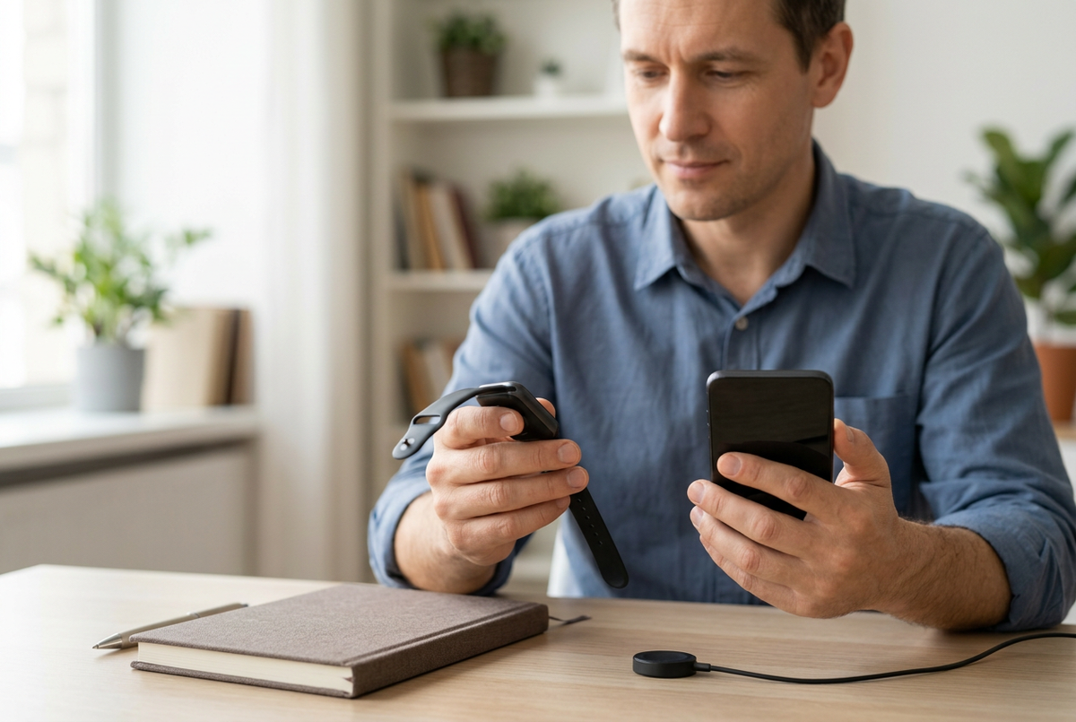 A man examines a smartwatch while checking his smartphone at a home desk, with a watch charging puck nearby.