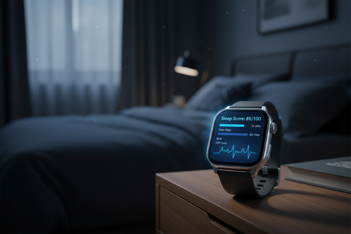Smartwatch displaying sleep score and deep sleep metrics on a bedside table, illustrating a 7-day sleep improvement plan using wearable technology